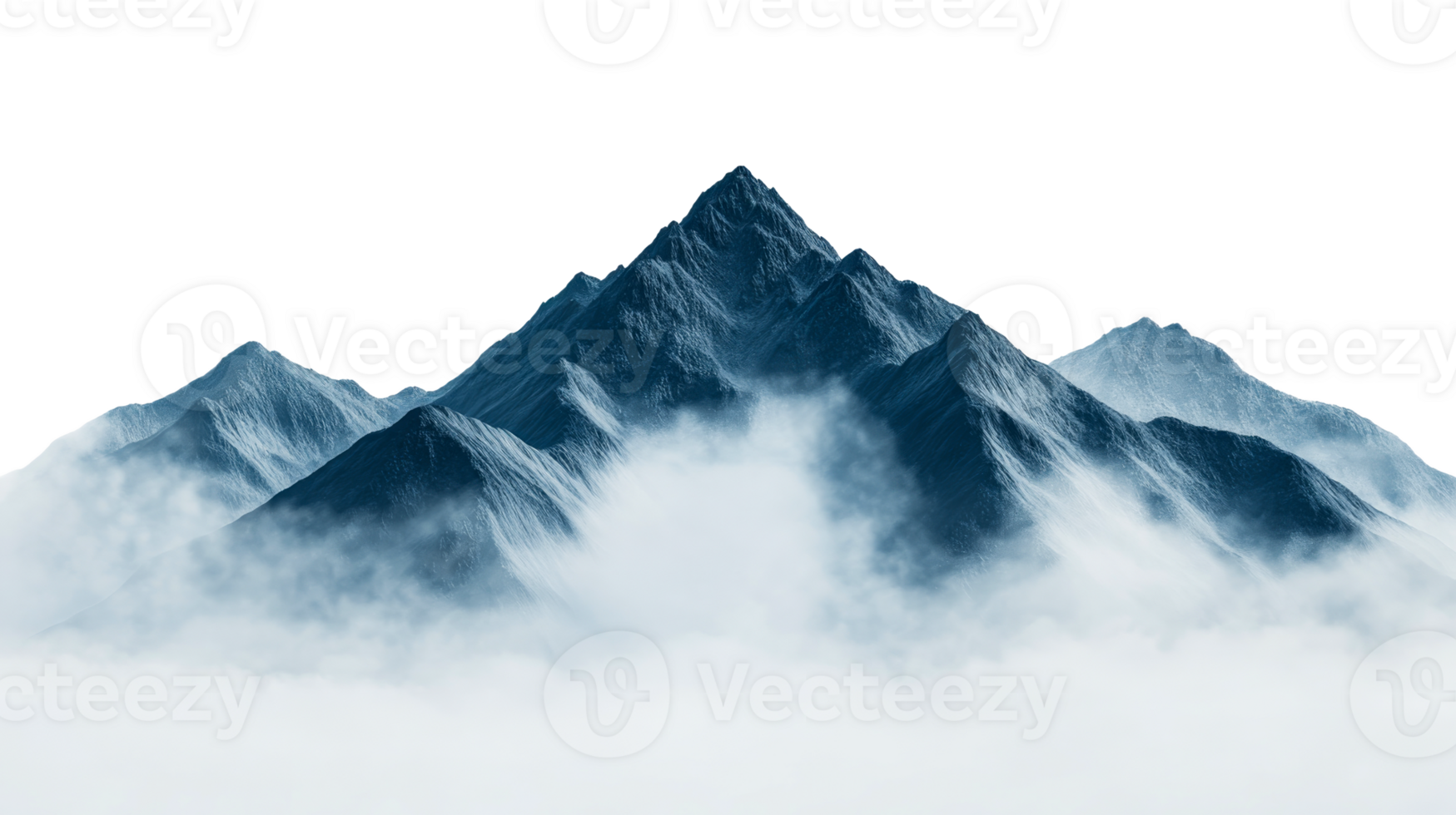 Snowy mountain range shrouded in mist and clouds, cut out transparent png