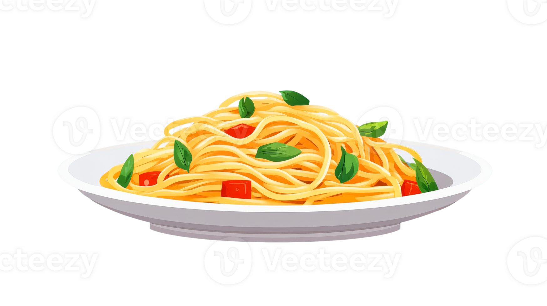 Spaghetti with basil and tomatoes on a plate, cut out transparent png