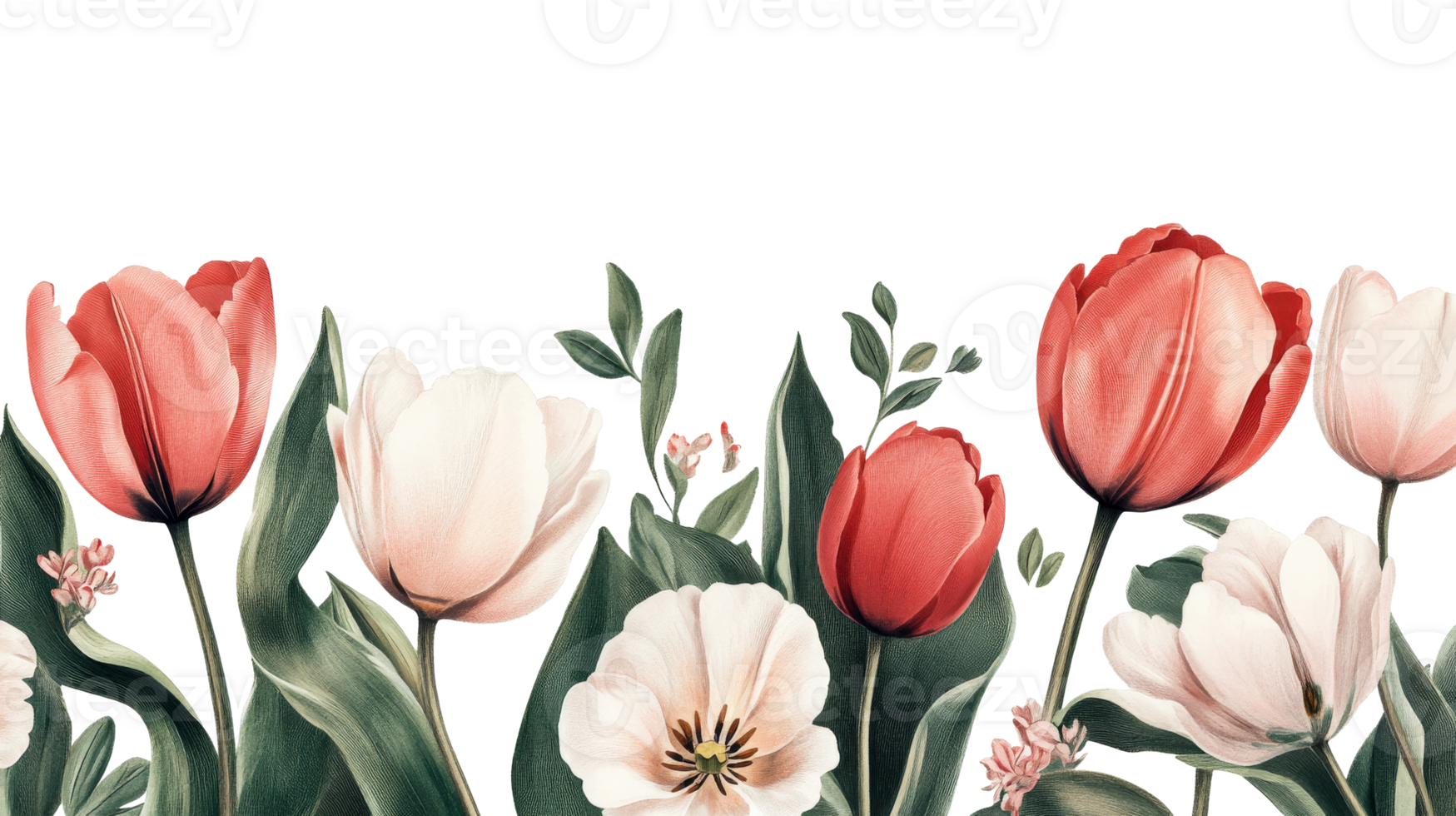 Tulip botanical illustration with red and white blossoms , cut out transparent png