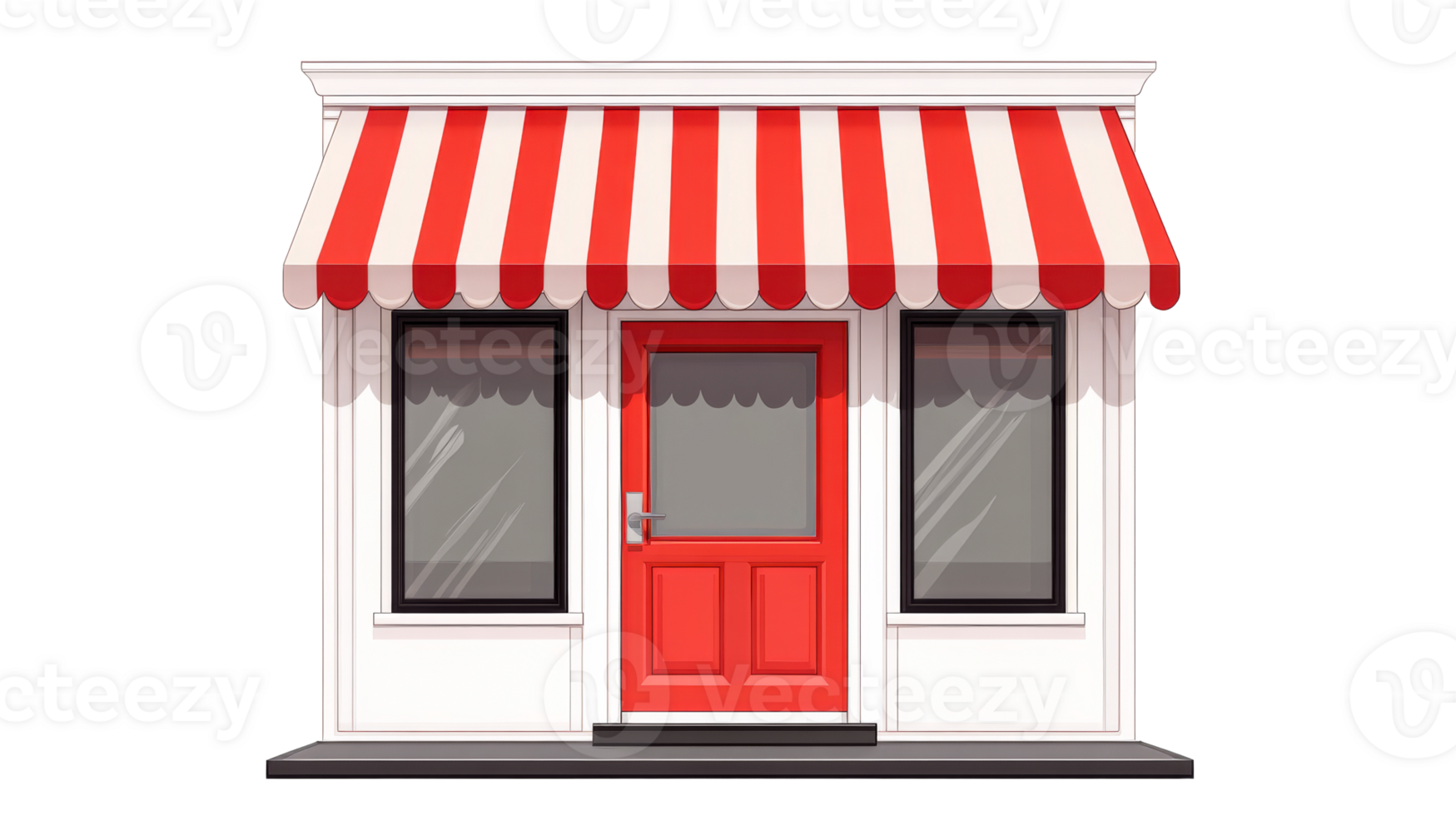 Illustration of shop front with awning, entrance, windows, cut out transparent png