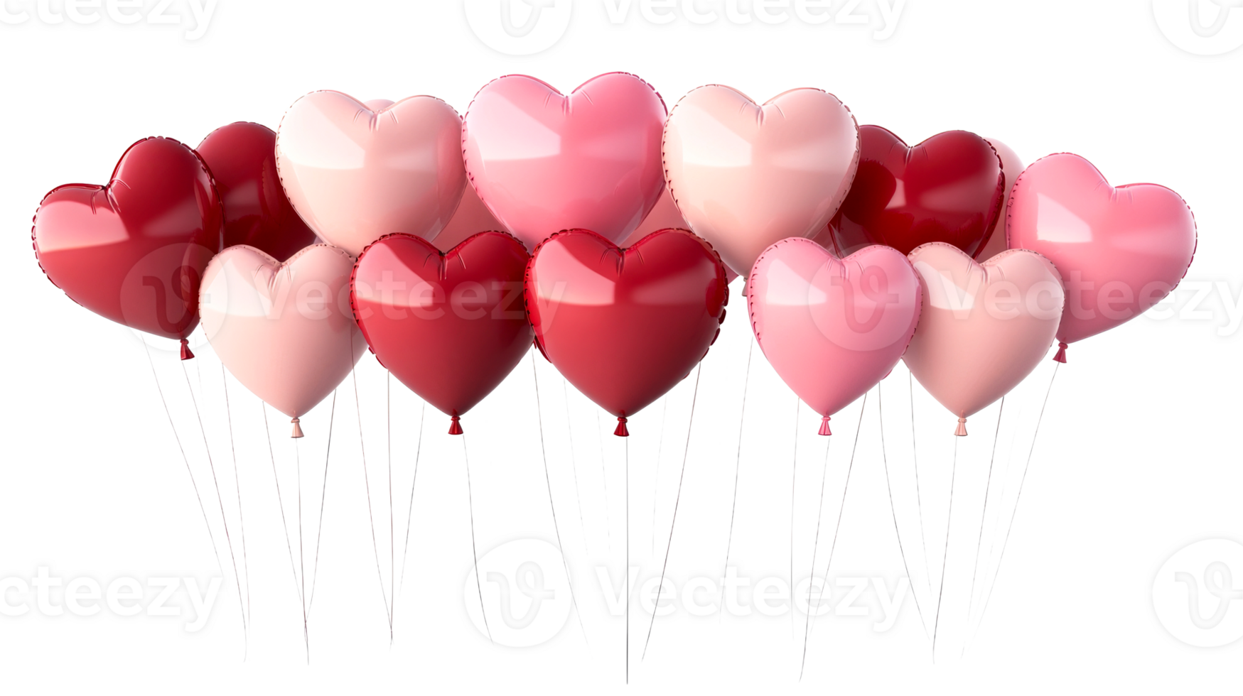 Valentines balloons heart shape, red and pink, festive decor, cut out transparent png
