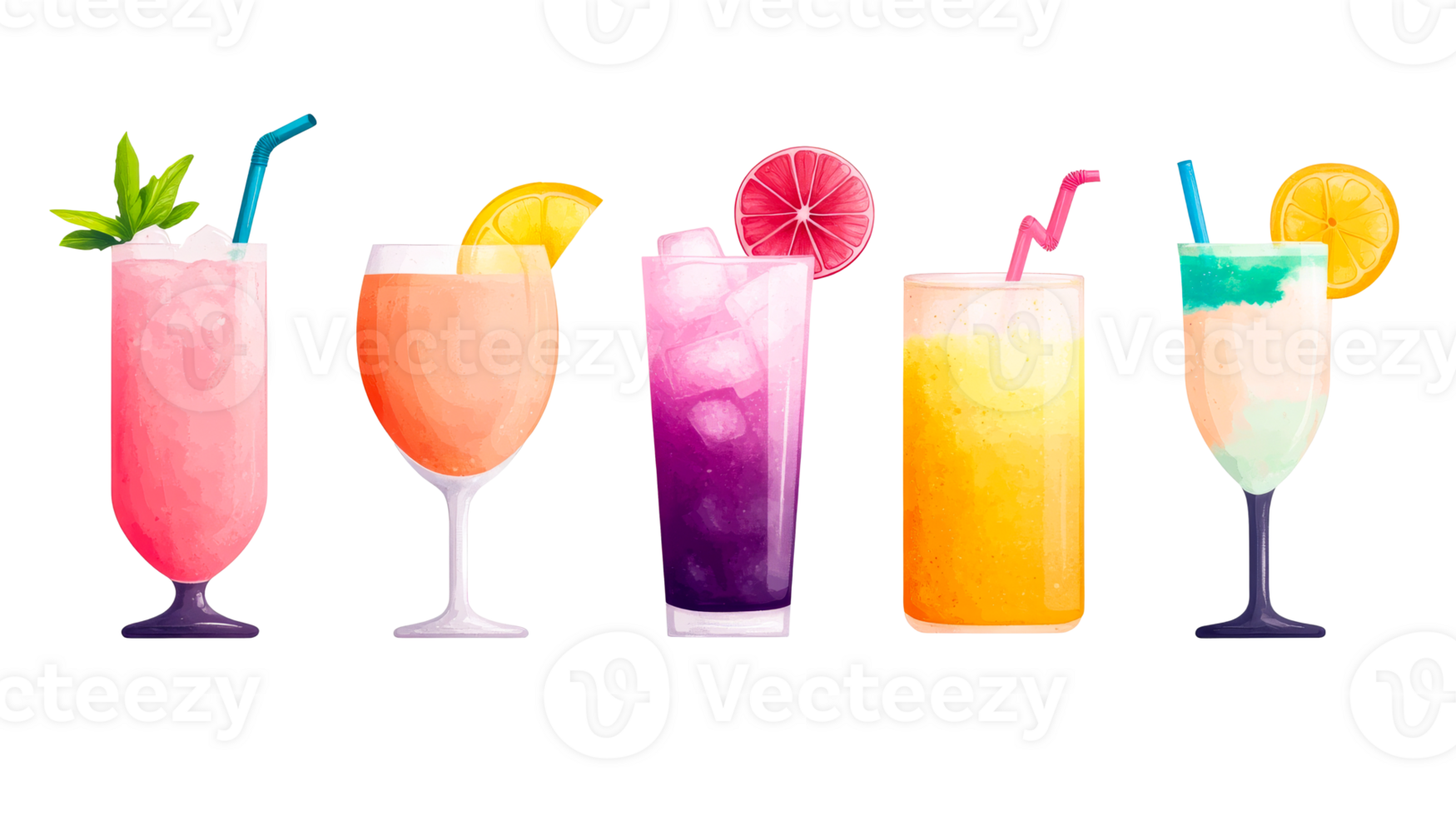 Row of Vibrant Cocktail Illustrations Against Black, cut out transparent png