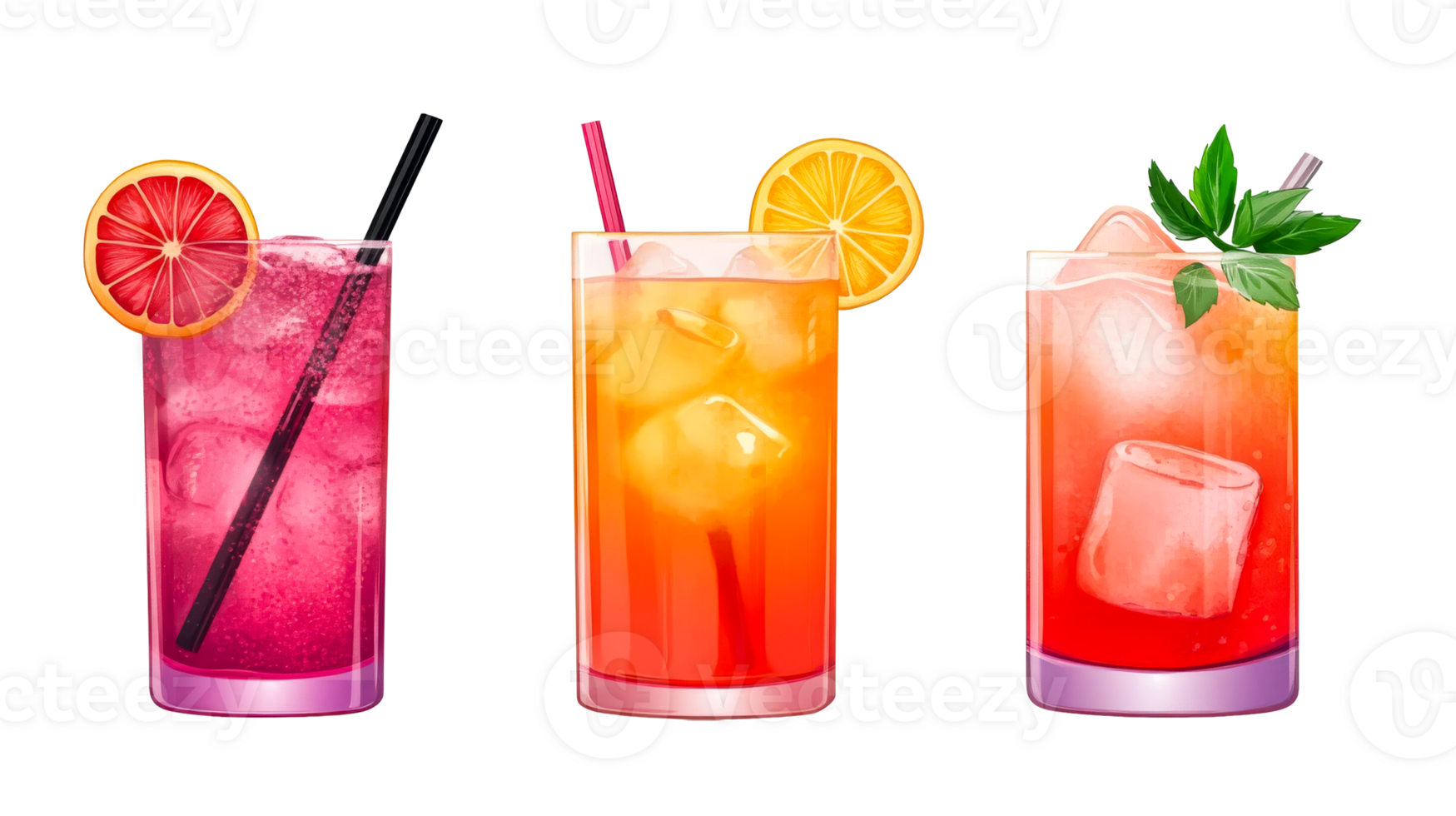Three colorful cocktails with ice and citrus, cut out transparent png