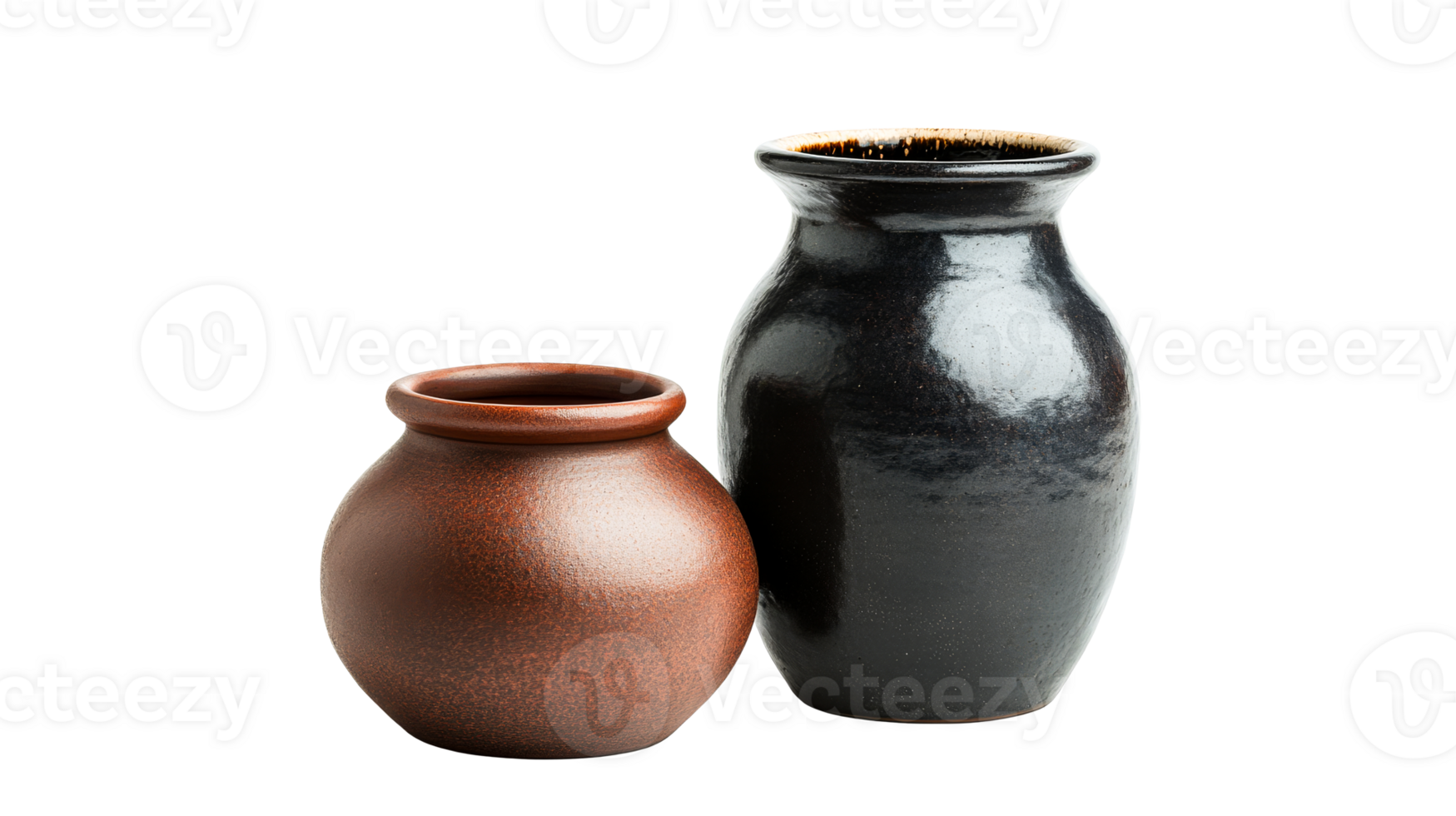 Two ceramic vases, earthenware pottery craft objects, cut out transparent png
