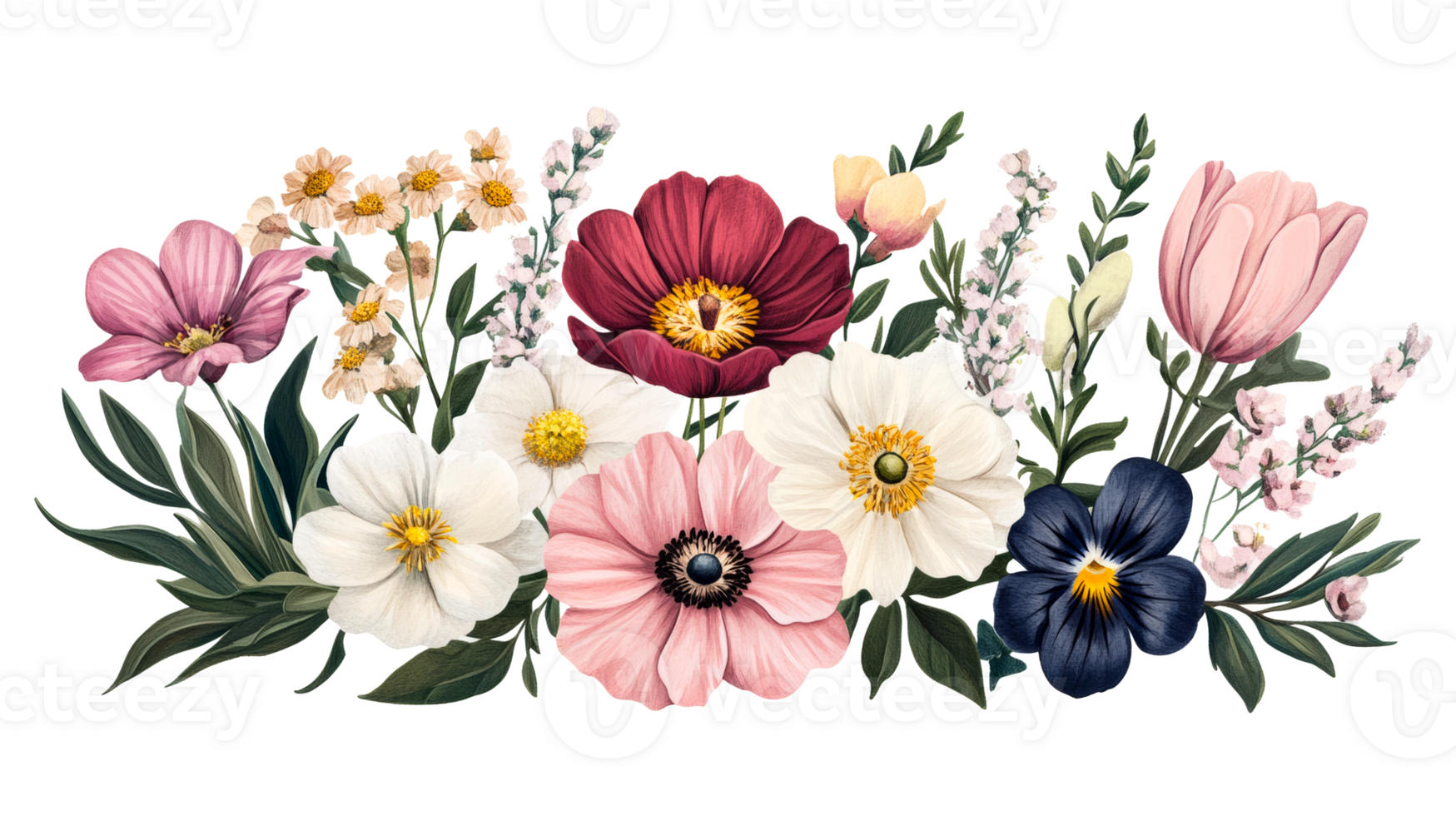 Floral arrangement with colorful blooms, anemones, pansy, cut out transparent png
