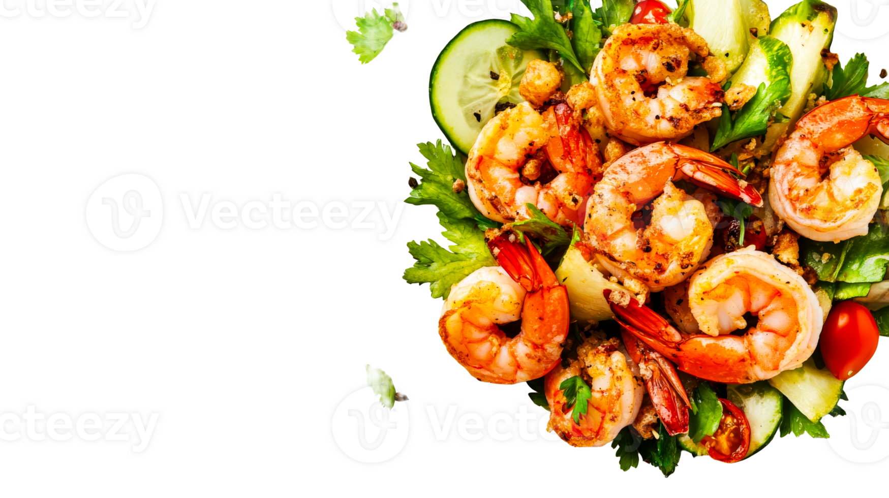 Grilled shrimp salad with vegetables, delicious gourmet dish, cut out transparent png
