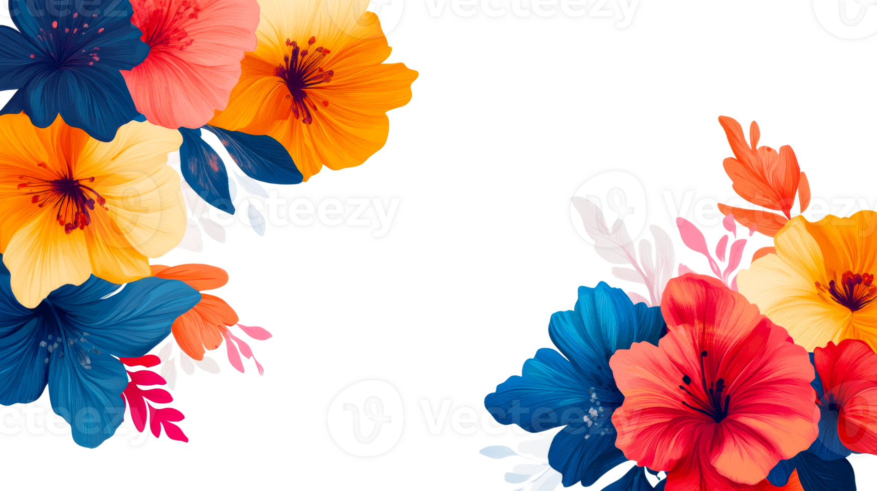 Floral corner frame with colorful blooms, petals, and leaves, cut out transparent png