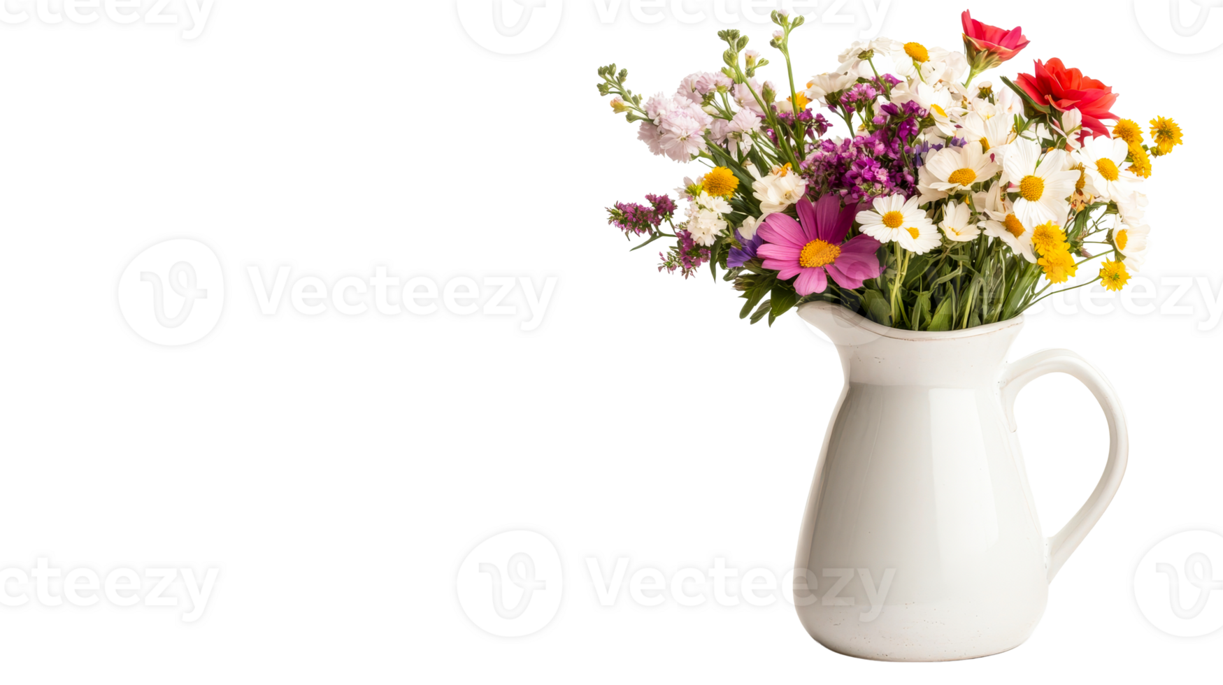 Pitcher of wildflowers, assorted colors, black background, isolated, cut out transparent png