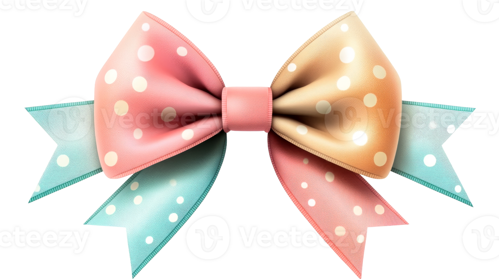 Pink bow with polka dots, peach accents, and teal details, cut out transparent png