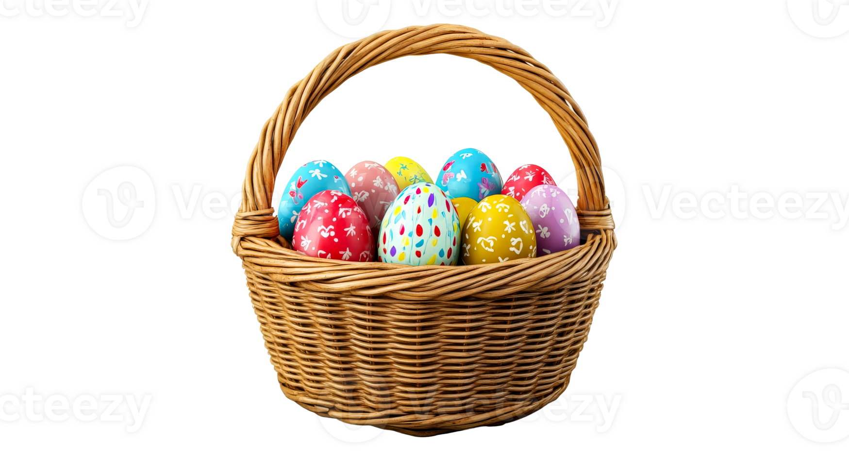 Easter basket full of colorful eggs with patterns, cut out transparent png