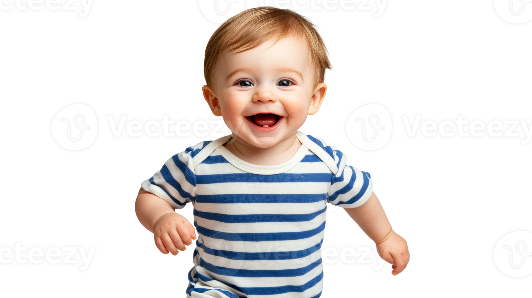 Happy infant in striped bodysuit laughs, cheerful joy, cut out transparent png