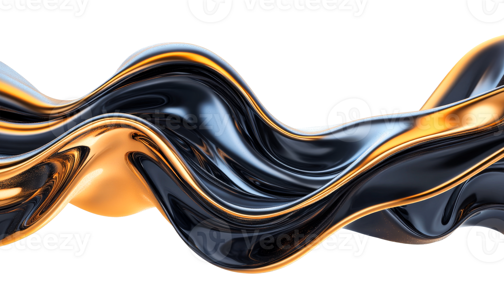 Wavy abstract design with golden and black flow, cut out transparent png