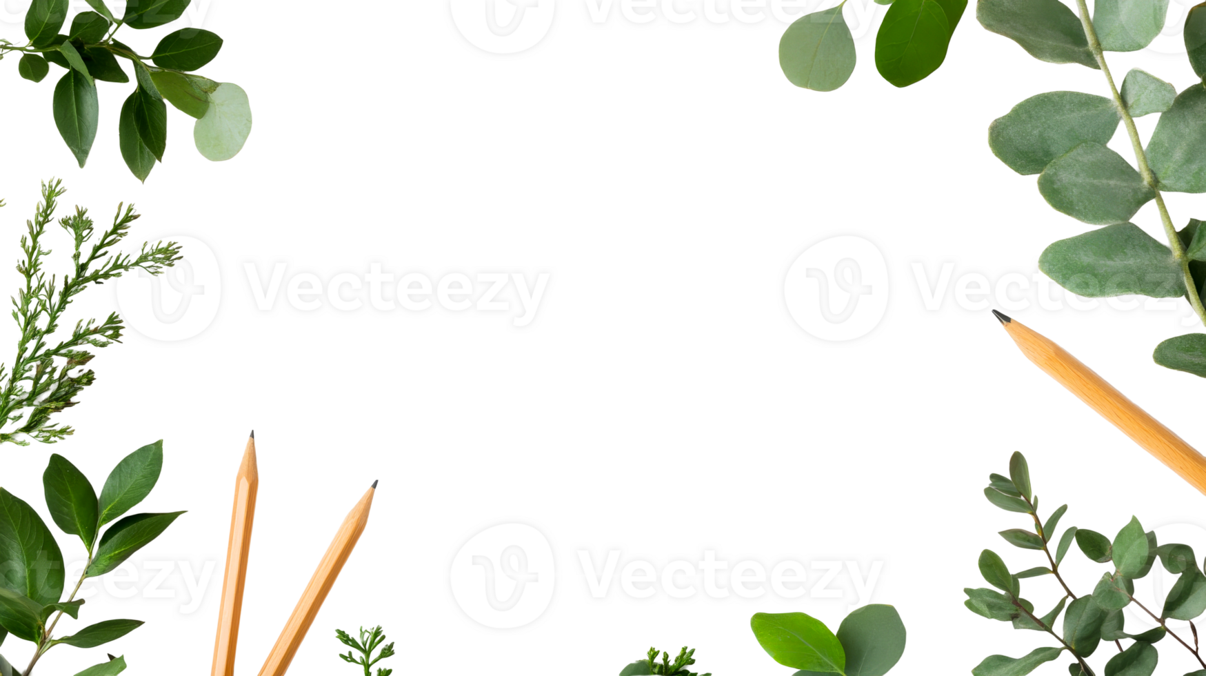 Natural Frame with Pencils and Greenery on Black, cut out transparent png