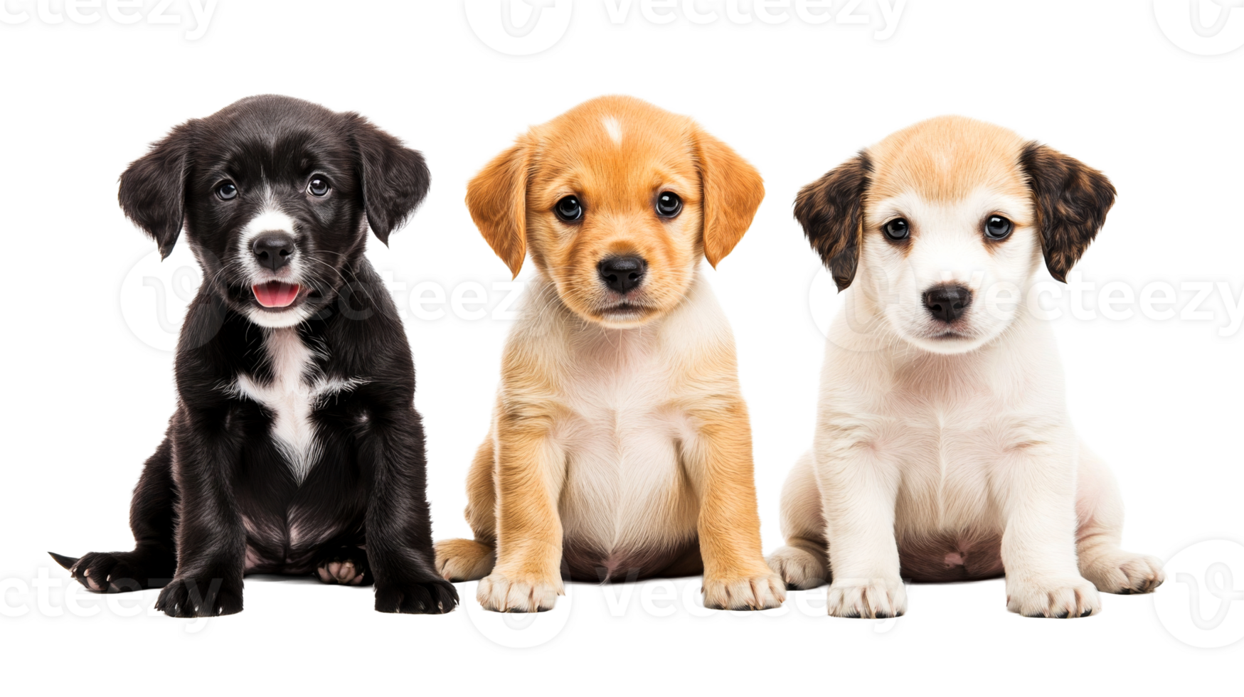 Three adorable puppies sitting next to each other, isolated, cut out transparent png