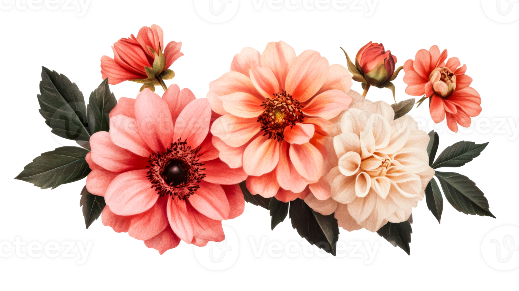 Floral arrangement of peach and coral flowers, cut out transparent png