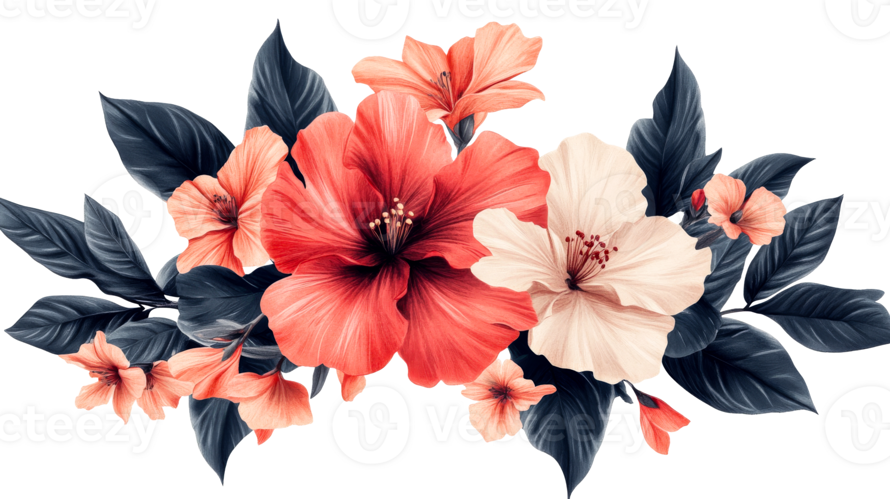 Hibiscus flower arrangement, red, pink, white, tropical bloom, elegant design, cut out transparent png