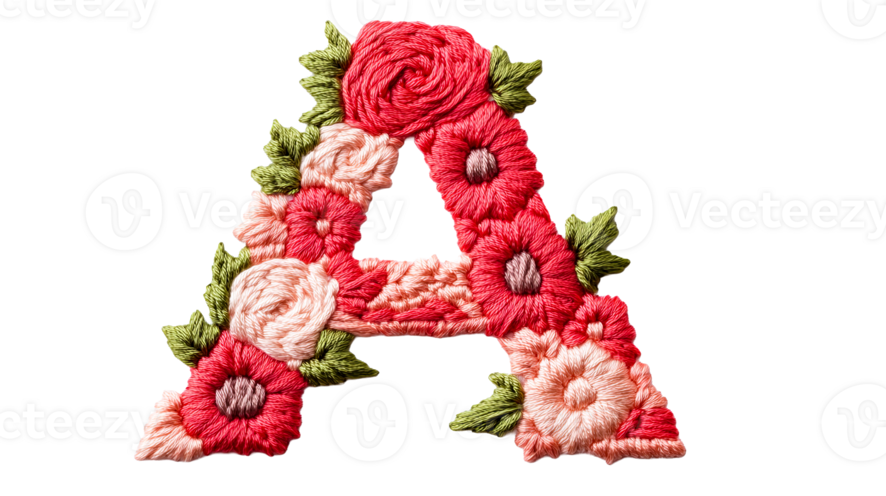 Floral letter A in embroidery style, isolated, cut out transparent png