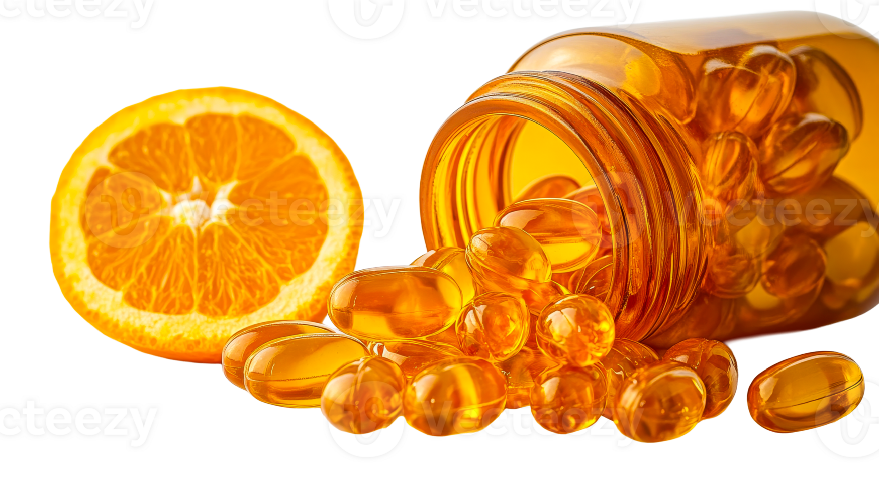 Vitamin C orange slice, with bottle of capsules, cut out transparent png