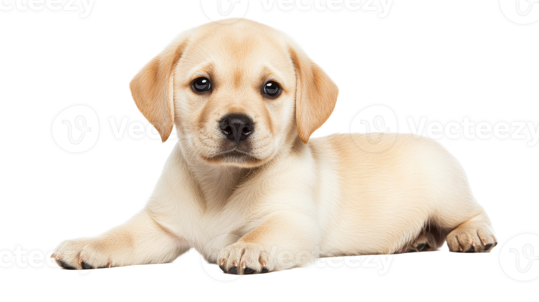 Cute golden Labrador puppy lying down, looking at the camera, cut out transparent png