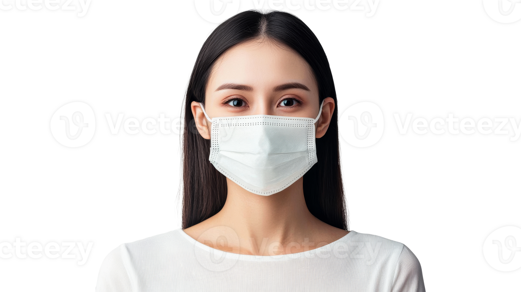 Asian woman with mask, straight black hair, white shirt, cut out transparent png