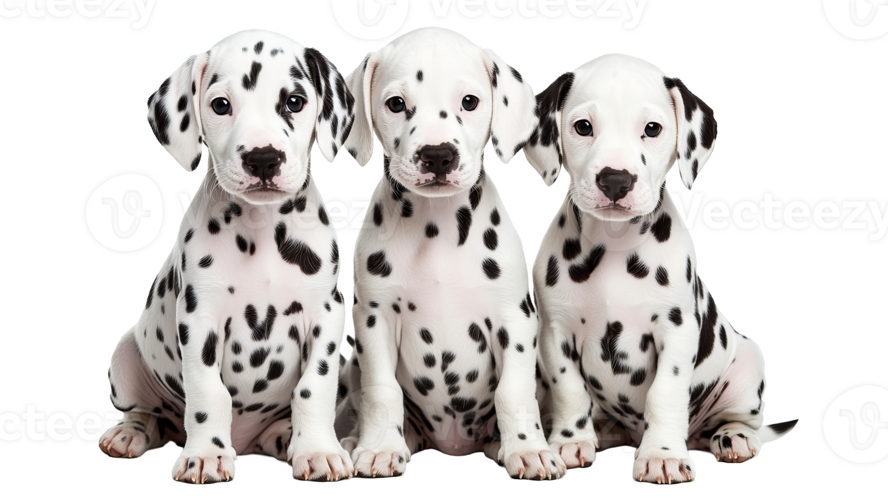 Three Dalmatian puppies, sitting, looking straight, black spots, cut out transparent png