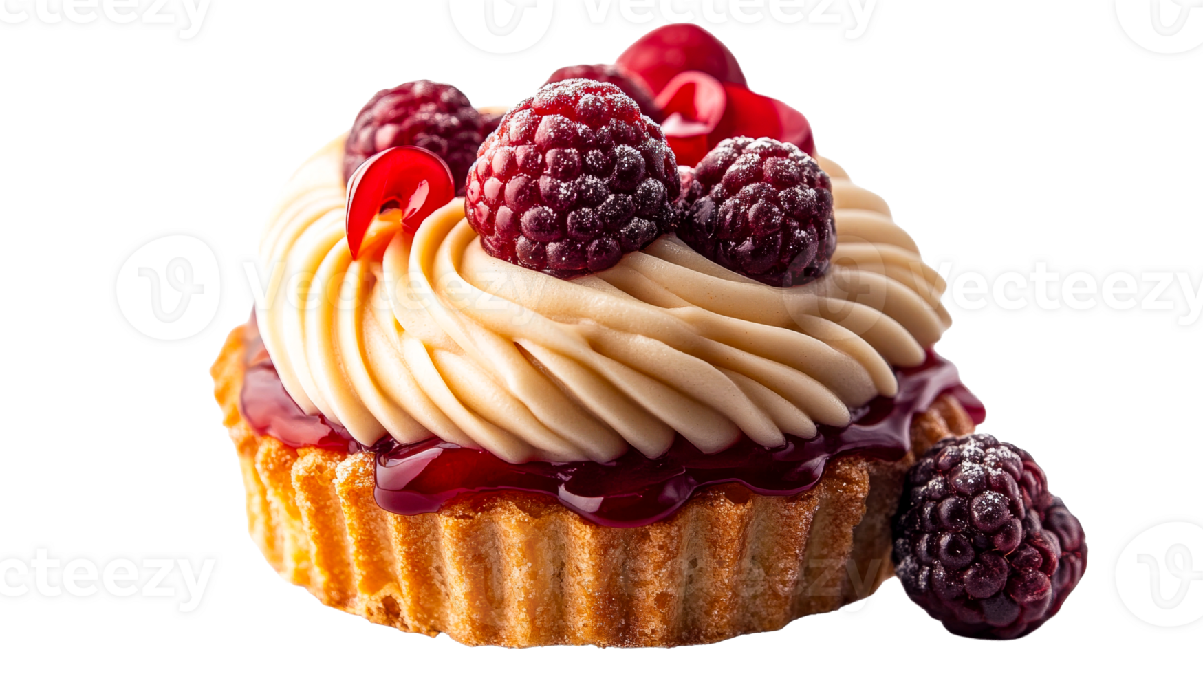 Raspberry tartlet with cream on a black background, cut out transparent png