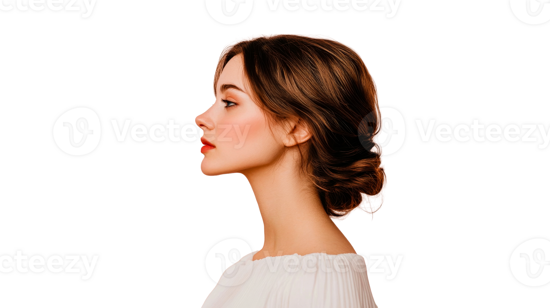 Woman with hair up profile portrait on black, cut out transparent png