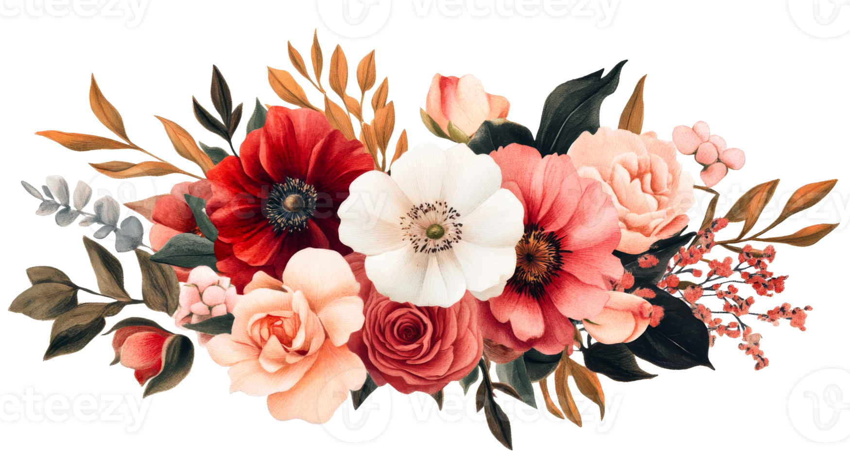 Floral arrangement of roses and anemones, illustration, cut out transparent png
