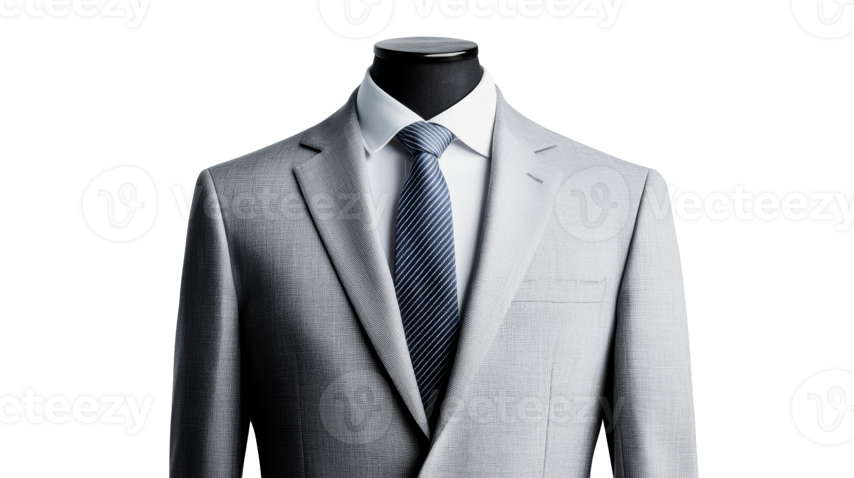 Grey suit on a mannequin, shirt and tie, business attire , cut out transparent png