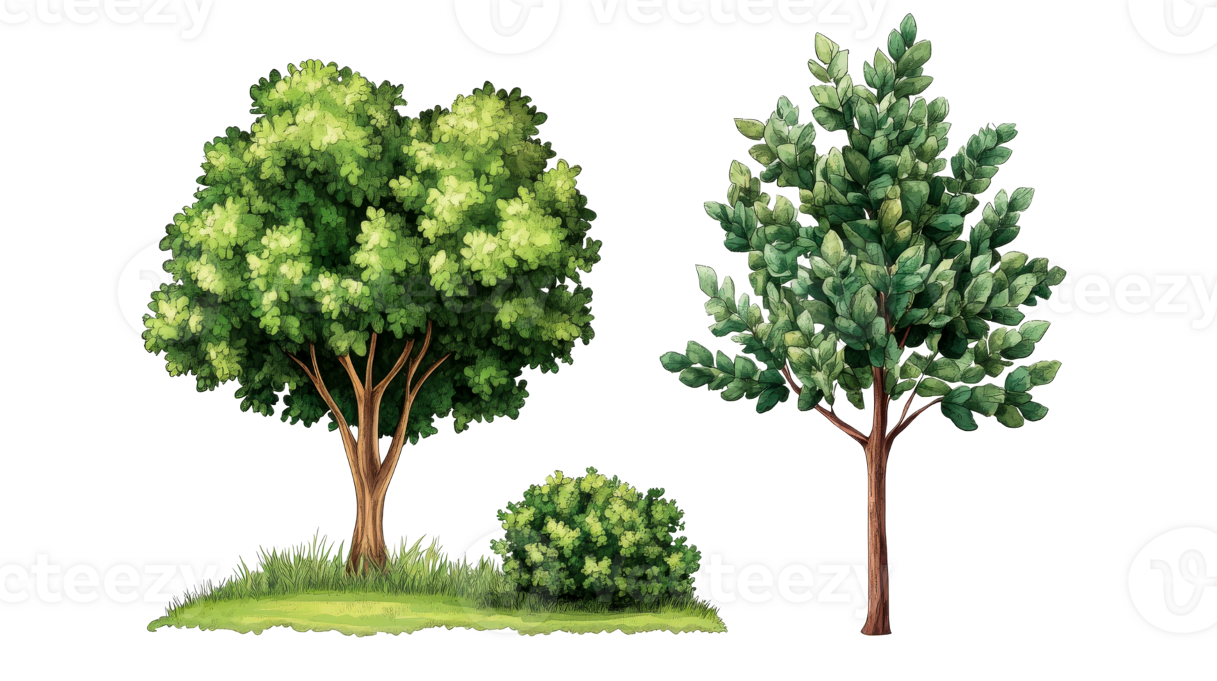 Lush Trees with Bush, Grassy Patch Illustration, cut out transparent png