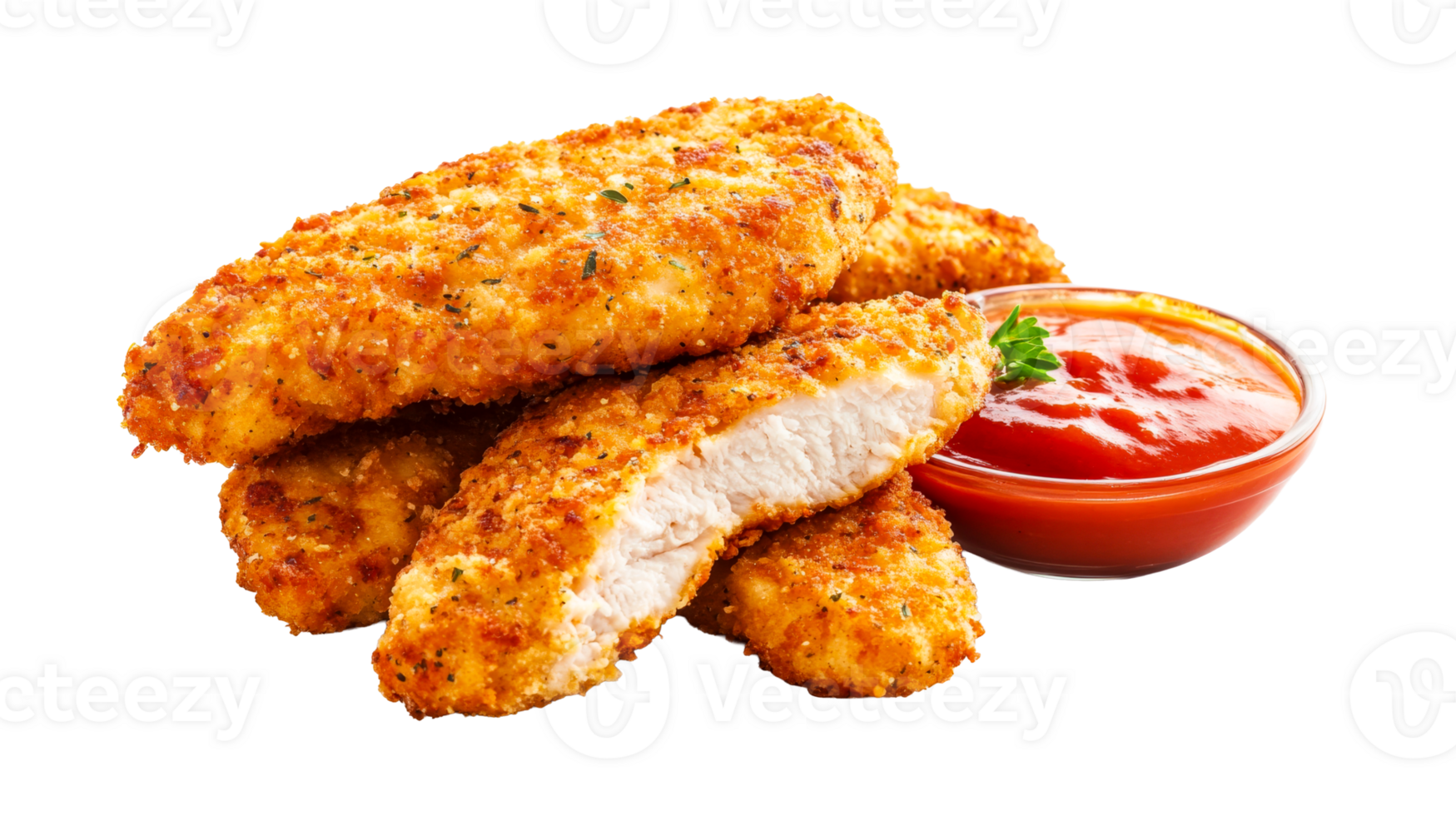 Crispy fried chicken tenders with tomato sauce, transparent background, cut out png