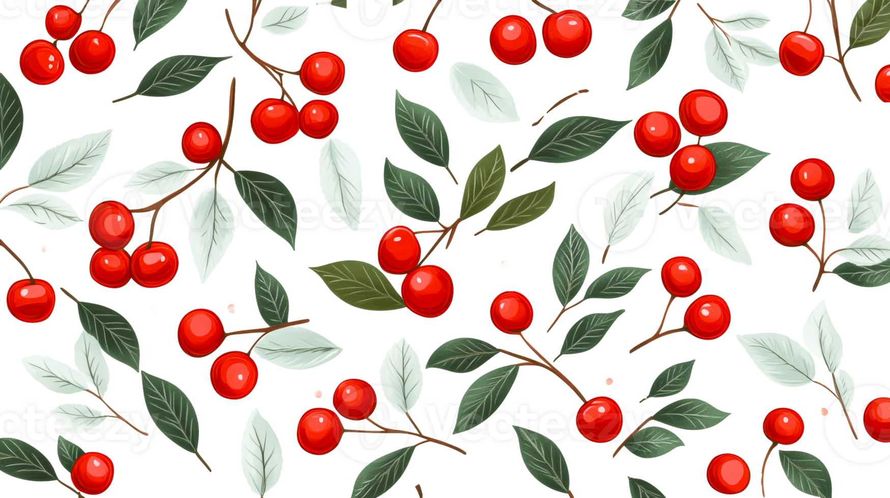 Pattern of red berries and foliage on black background, cut out transparent png