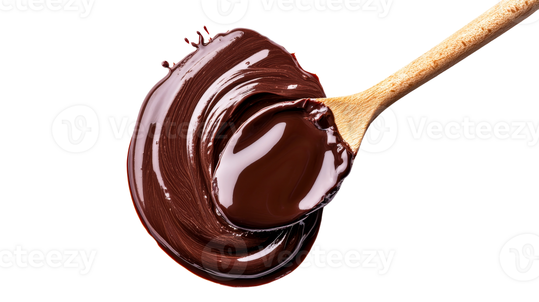 Chocolate dessert on wooden spoon, shiny and textured, cut out transparent png