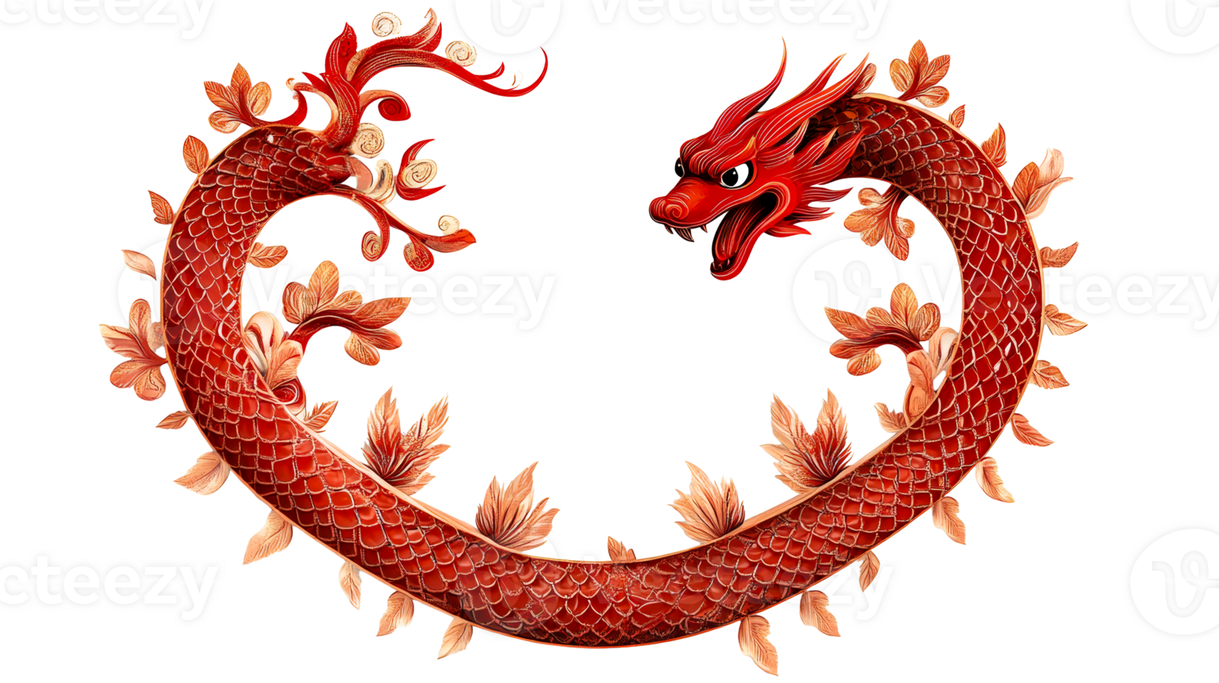 Red Chinese Dragon Symbol in Circle Shape with Leaves, cut out transparent png