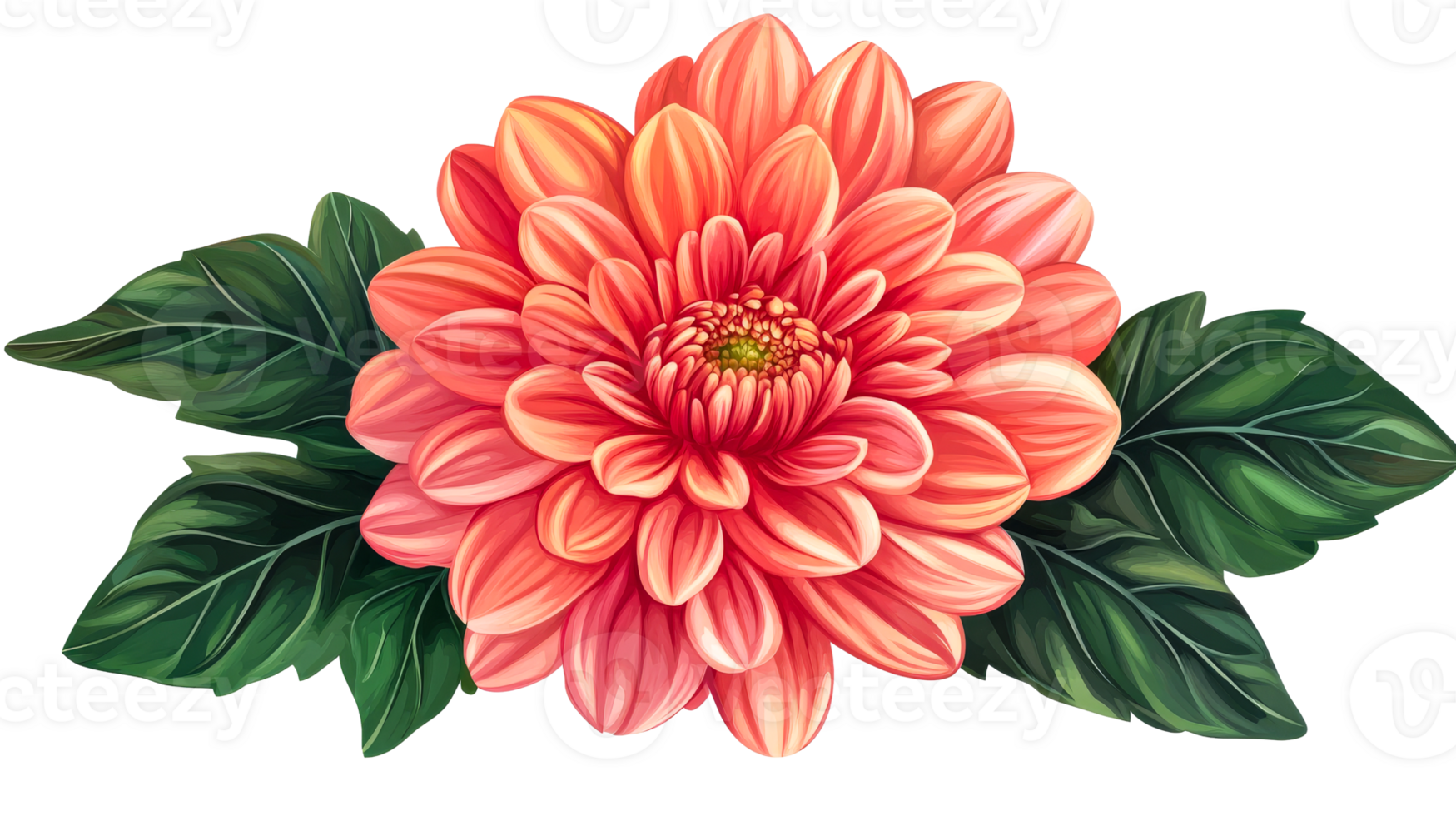 Elegant dahlia flower illustration with leaves, cut out transparent png