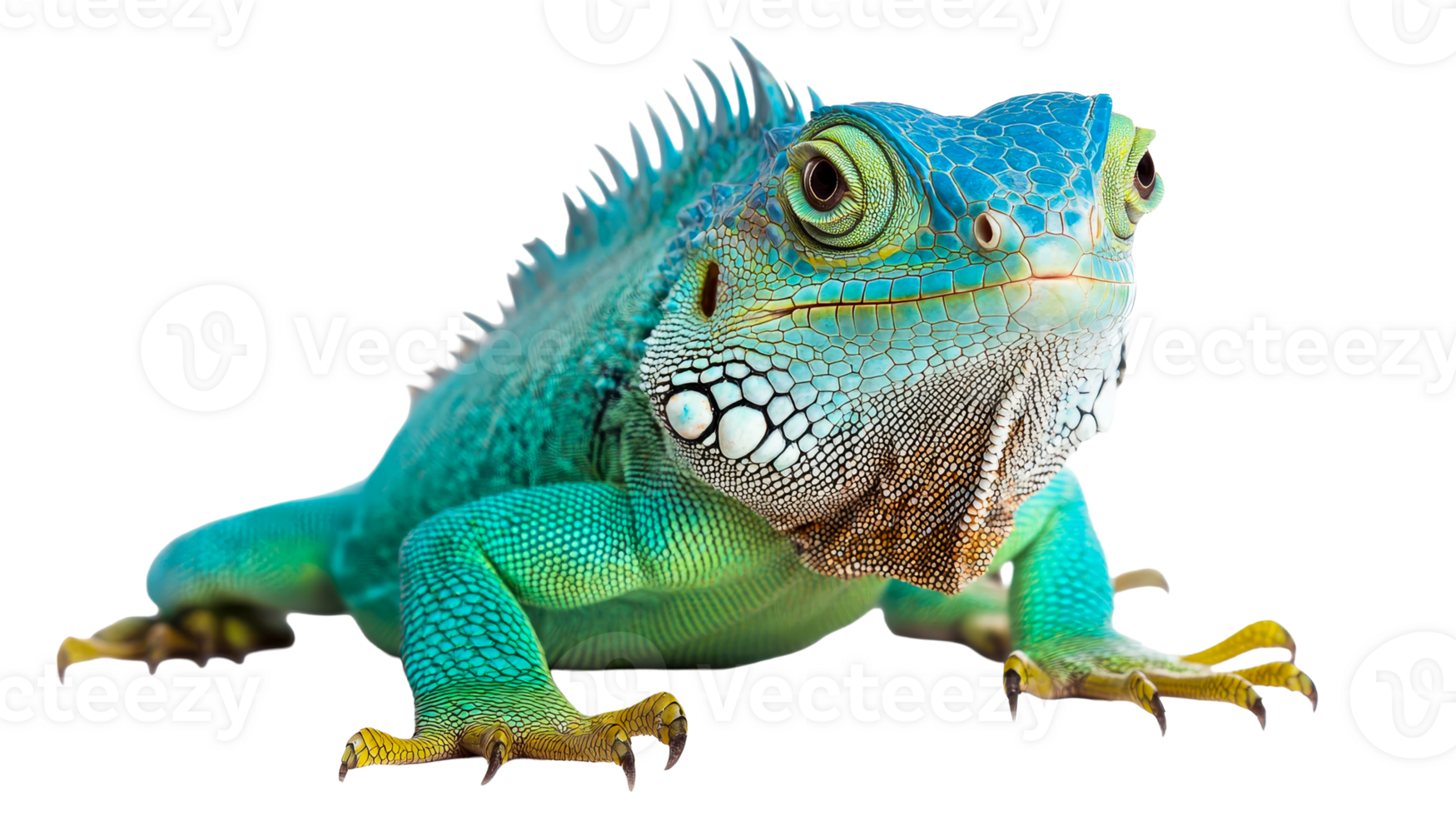 Detailed blue iguana portrait on black, reptilian skin texture, cut out transparent png