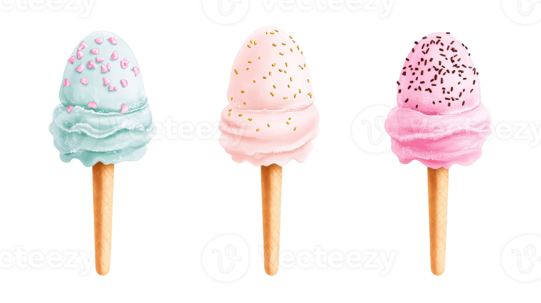 Three ice cream cones in pastel shades on sticks, cut out transparent png
