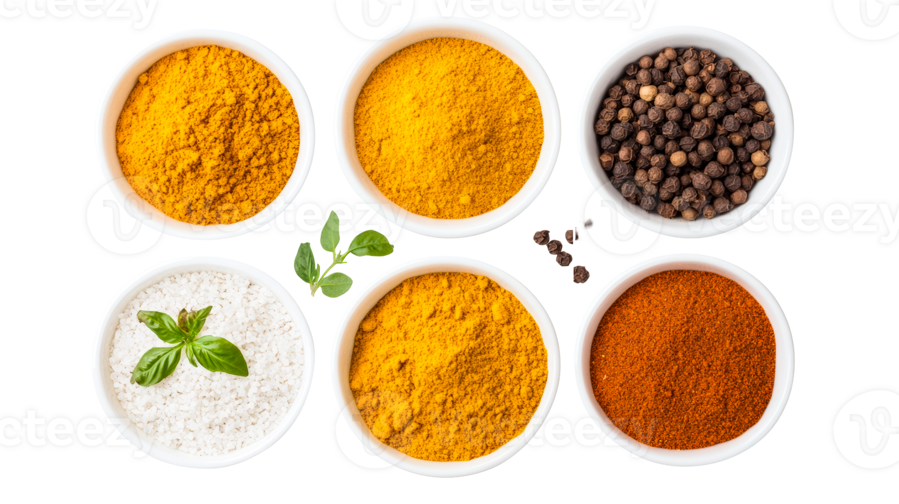 Assorted spices in bowls on black background, overhead view, cut out transparent png
