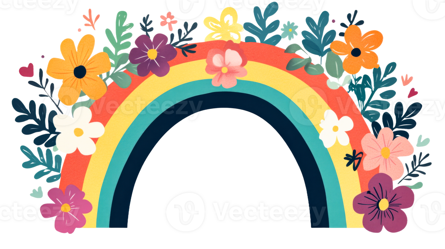 Floral rainbow illustration with bright, whimsical design elements, cut out transparent png