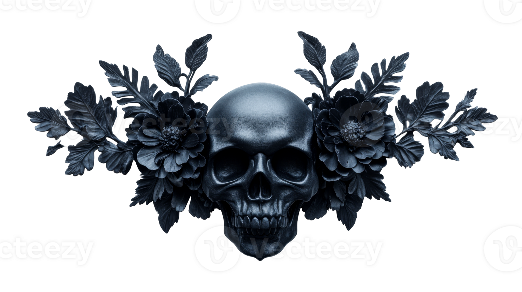 Dark skull adorned with flowers on black background, cut out transparent png