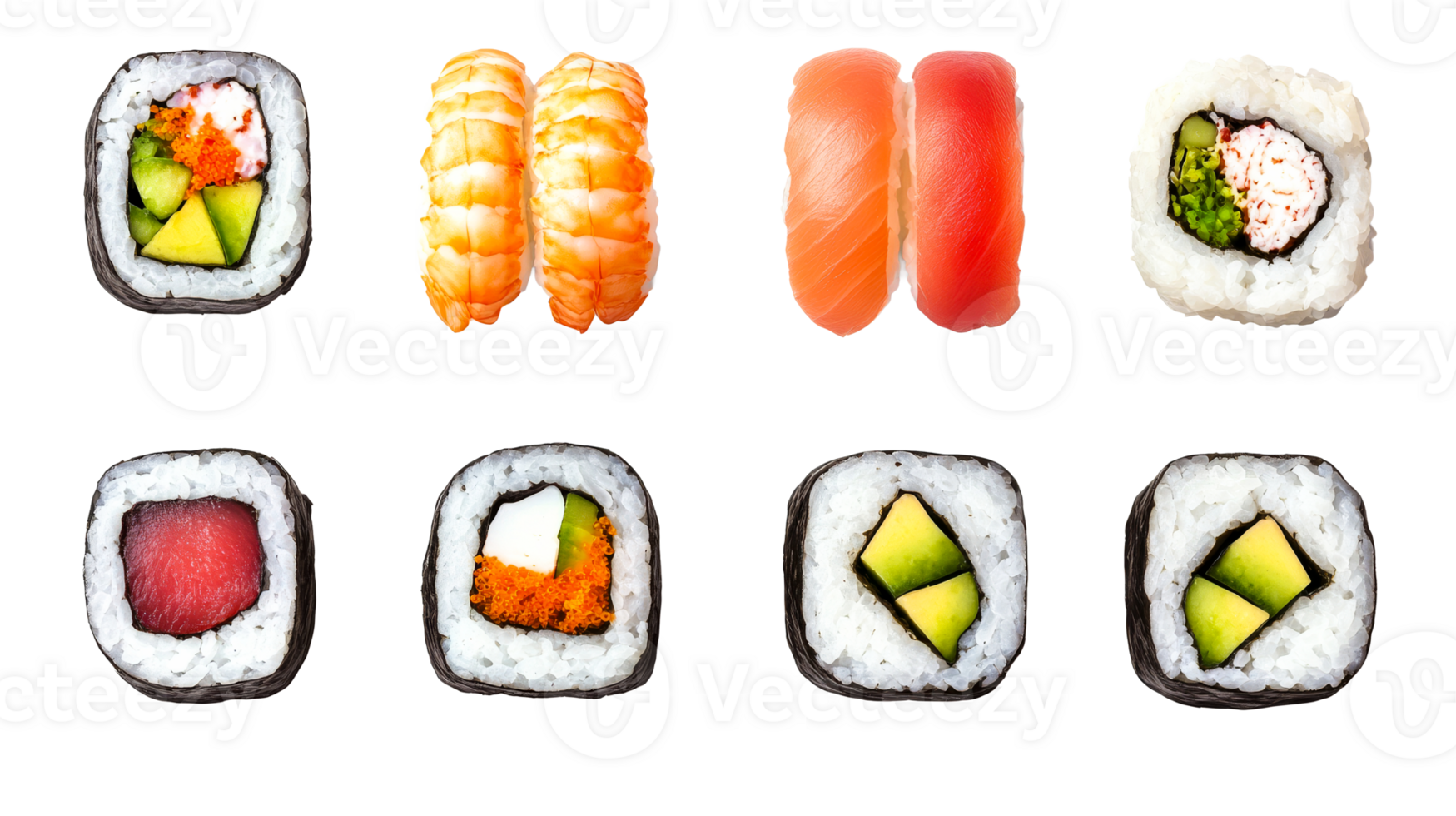 Assorted sushi, seafood, maki rolls, rice, various fillings, cut out transparent png