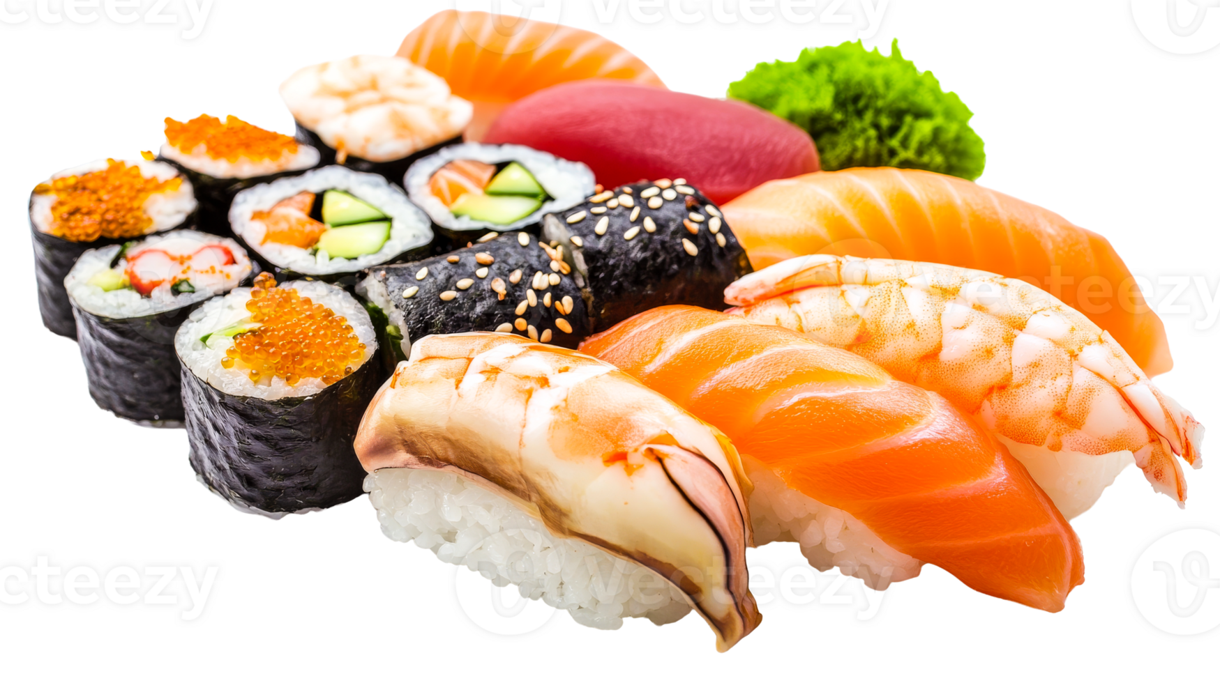 Assorted sushi platter featuring rolls and nigiri, cut out transparent png