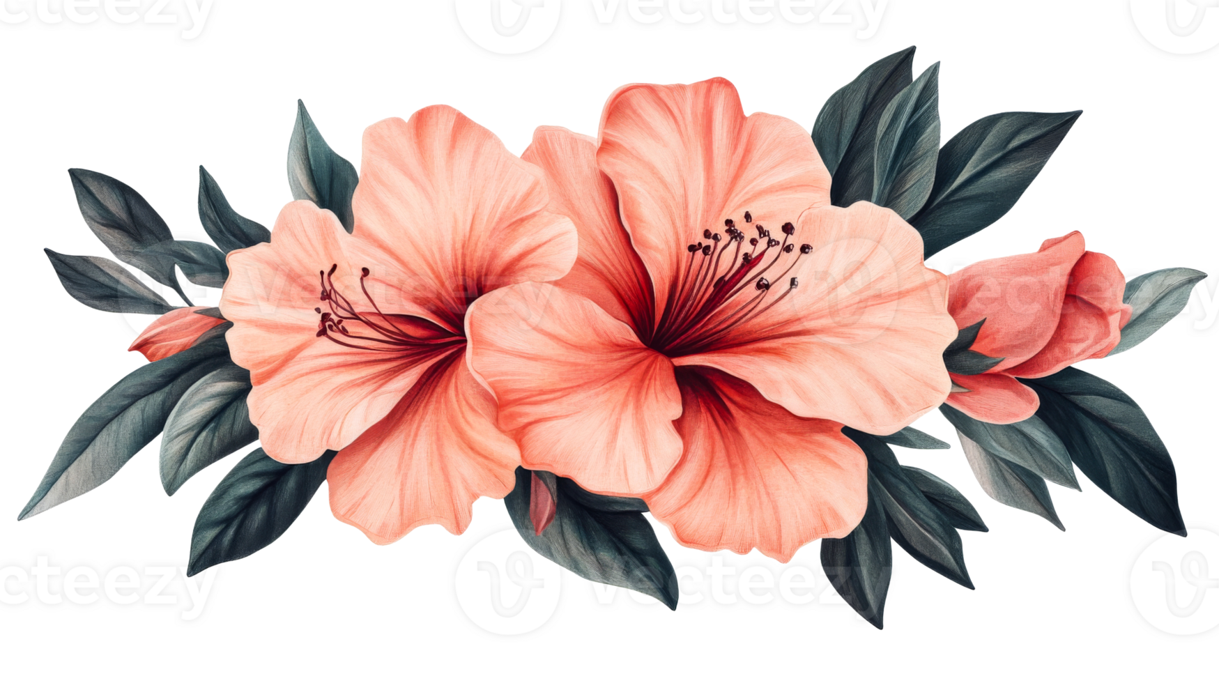 Peach hibiscus flowers composition elegant design, cut out transparent png