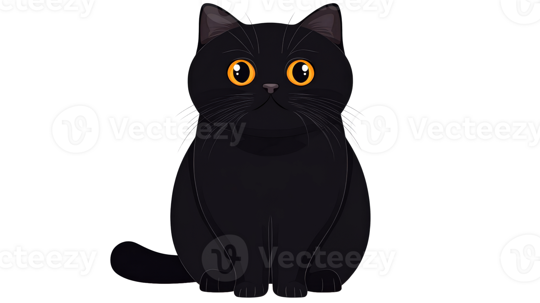 Cute black cartoon cat sitting with big eyes, cut out transparent png