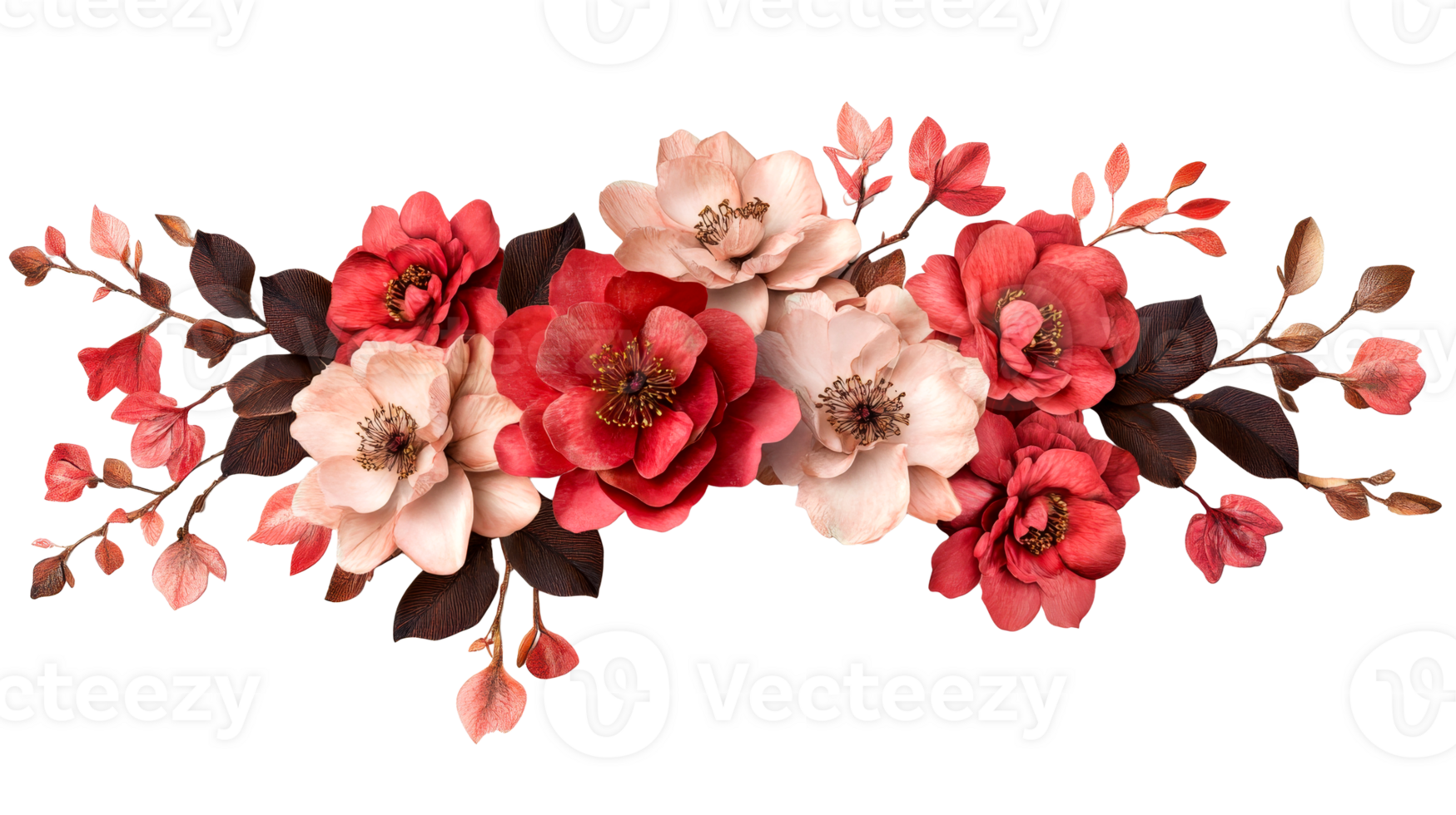 Floral arrangement with red and beige flowers, cut out transparent png