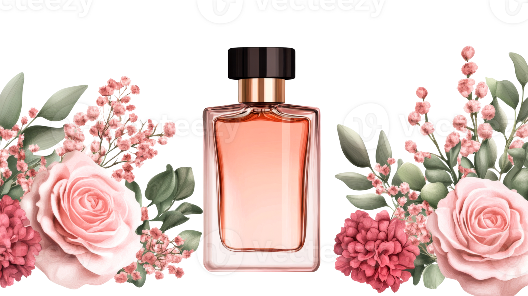 Perfume bottle with pink roses and greenery on black background, cut out transparent png