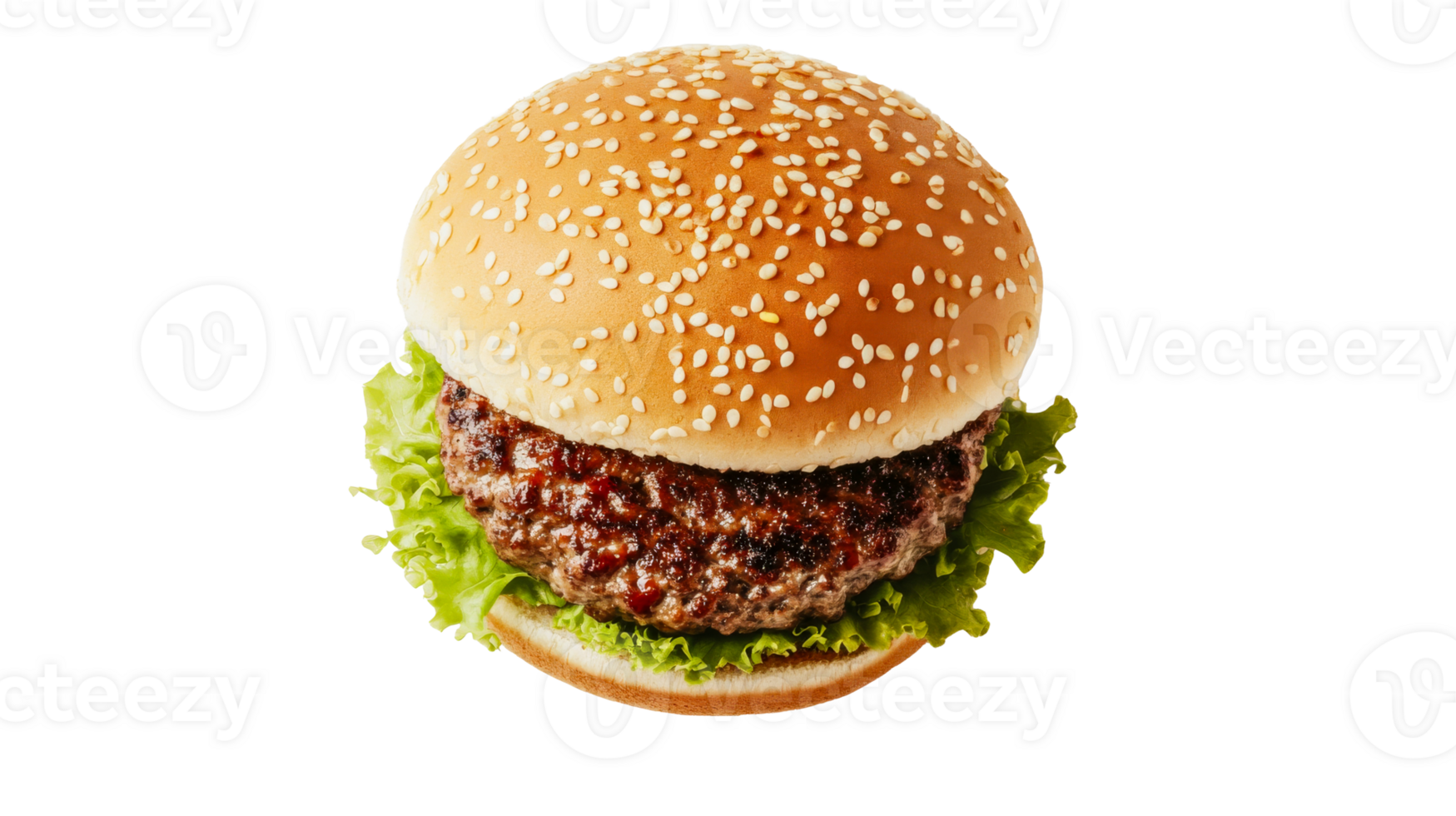 Juicy burger with sesame bun, lettuce, and beef patty, cut out transparent png