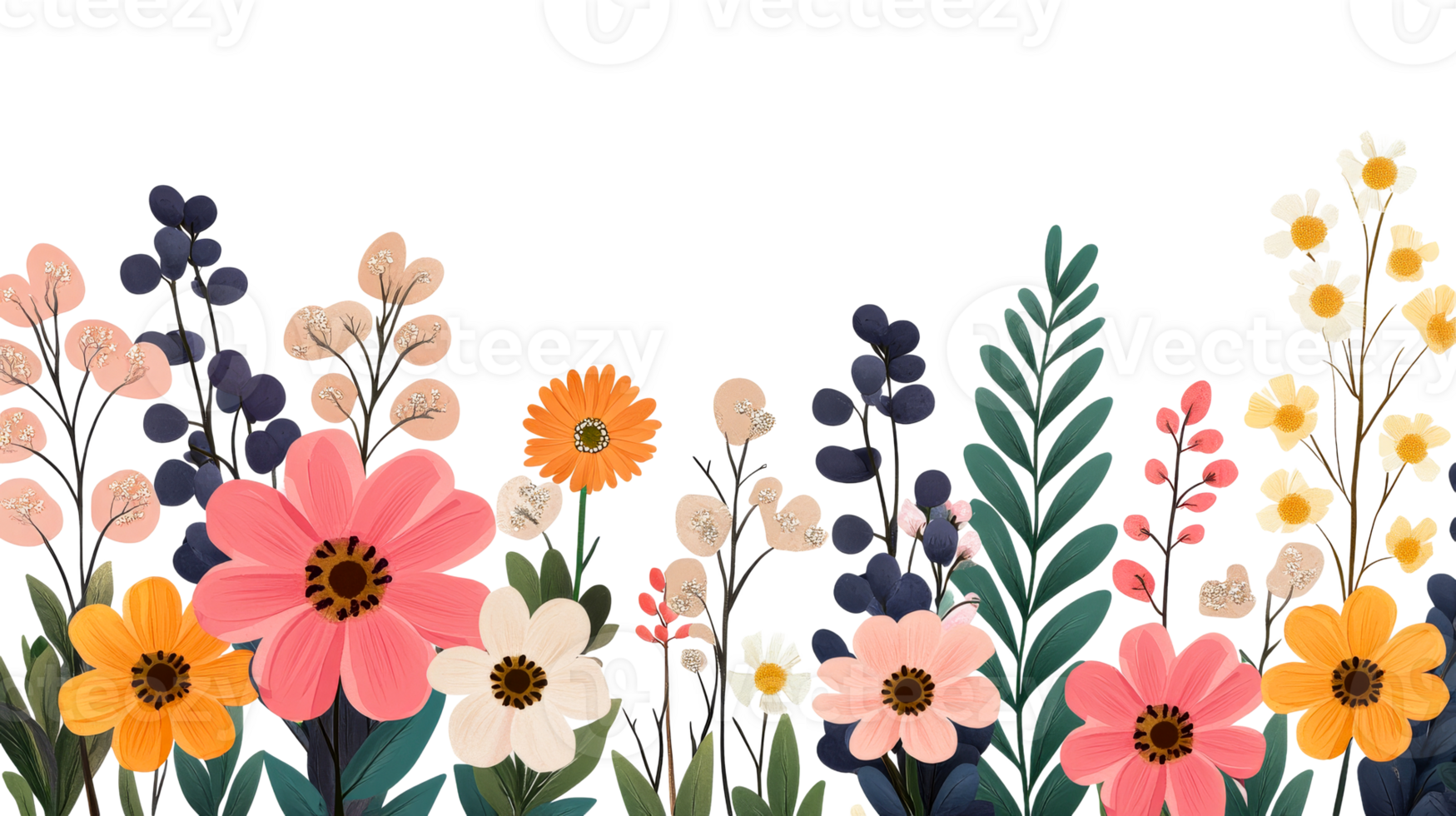 Floral border, artistic flowers on black background, design , cut out transparent png