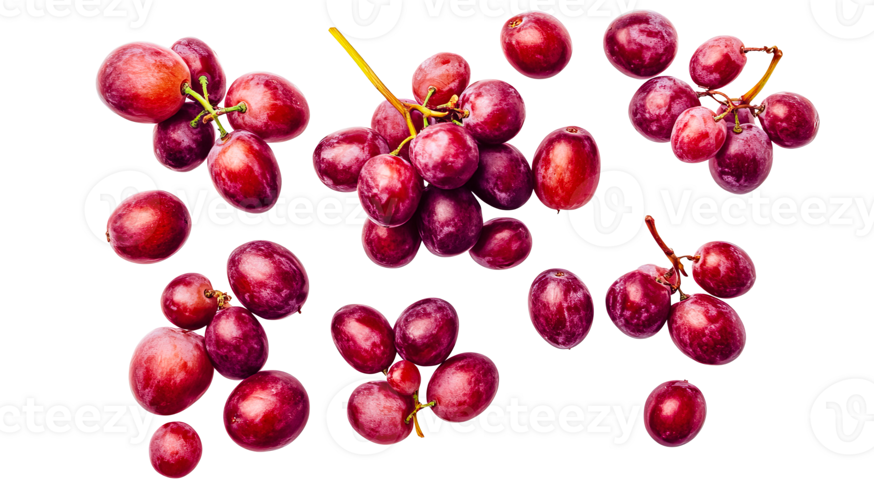 Fresh red grape composition on black background, cut out transparent png