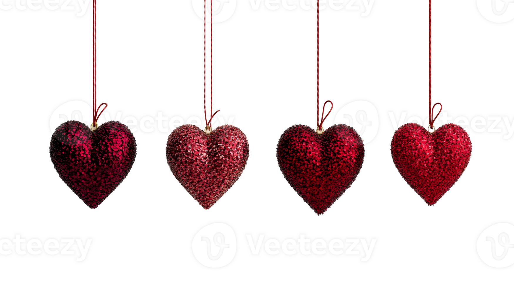 Sparkling Red Hearts on Strings, Black Background, Cut Out Transparent png